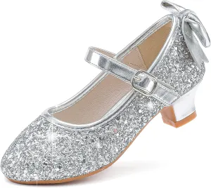 Dufannie Girls Dress Shoes Low Heel Princess Flats Mary Jane Flower Wedding Party Glitter Shoes for Kids Toddler