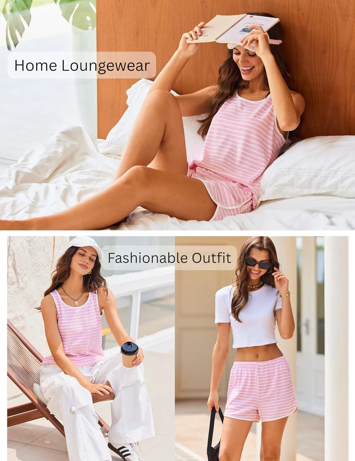 Ekouaer Pajamas for Women Sets Tank and Shorts, Summer Waffle Knit Striped 2-Piece Cute Pjs, Soft Sleeveless Loungewear Set