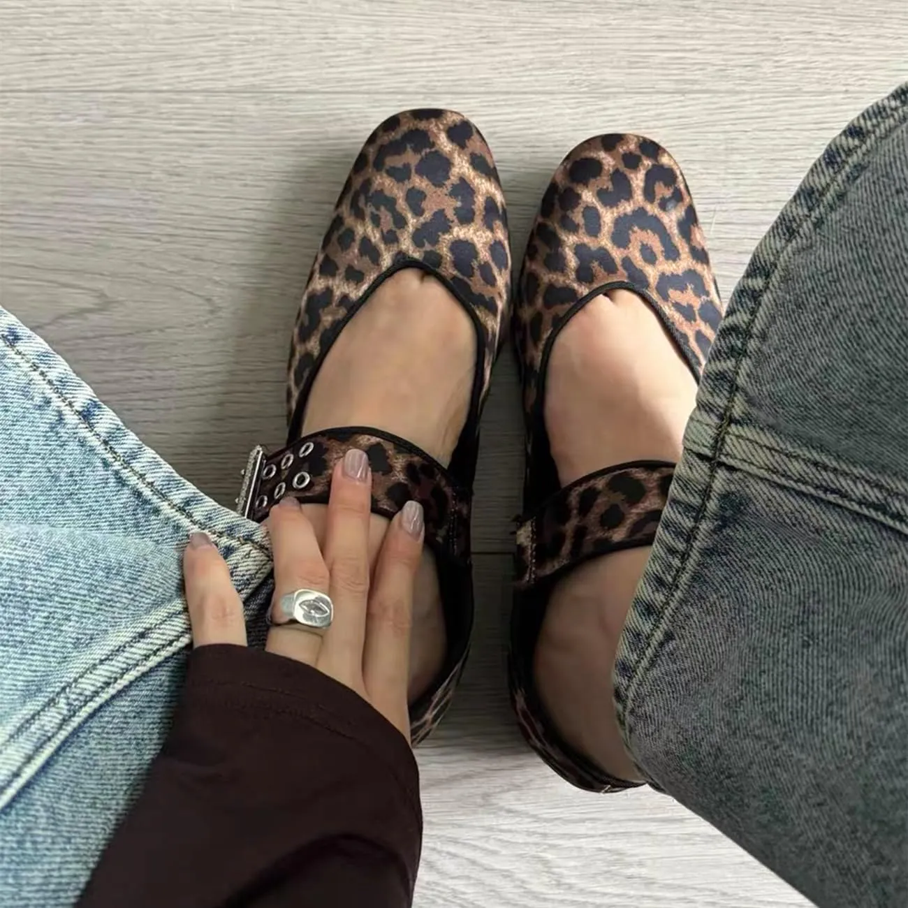 Elegant Leopard Ballet Flats for Women Buckle Strap Mary Jane Flats