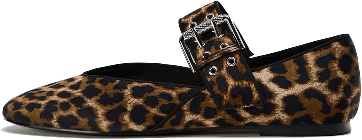 Elegant Leopard Ballet Flats for Women Buckle Strap Mary Jane Flats