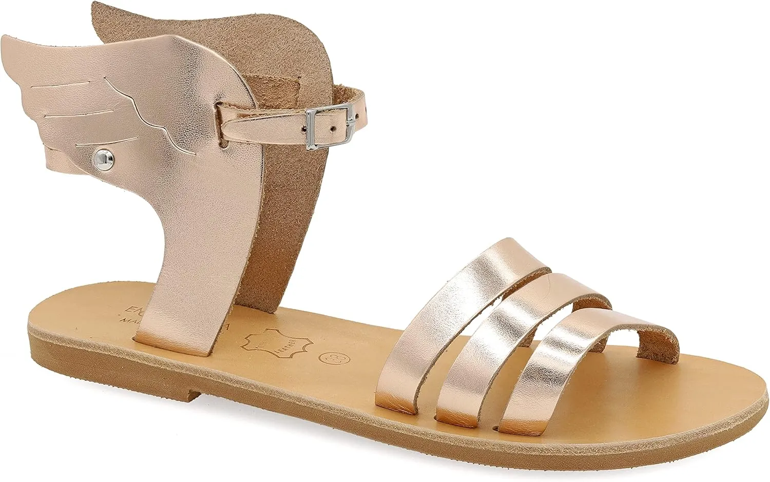Emmanuela Ancient Greek Leather Sandals with adjustable buckle strap, Quality Handmade Summer Shoes for Women, Boho Chic Strappy Sandals with Wings Rose Gold, White, Black, Yellow