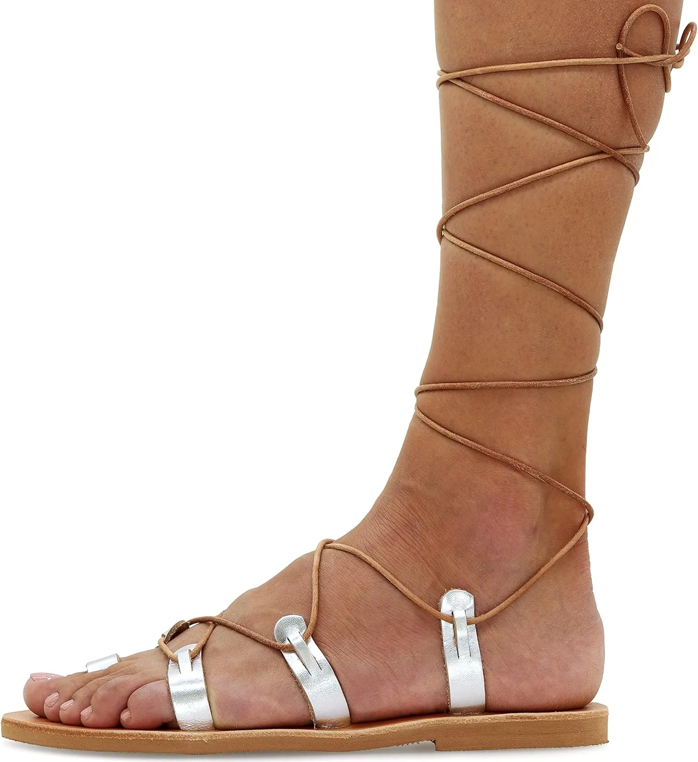 Emmanuela Ancient Greek Style Calf High Leather Sandals, Handmade Gladiator Tie up Sandals, Quality Strappy Summer Shoes, Boho Chic Toe Ring Lace up Sandals