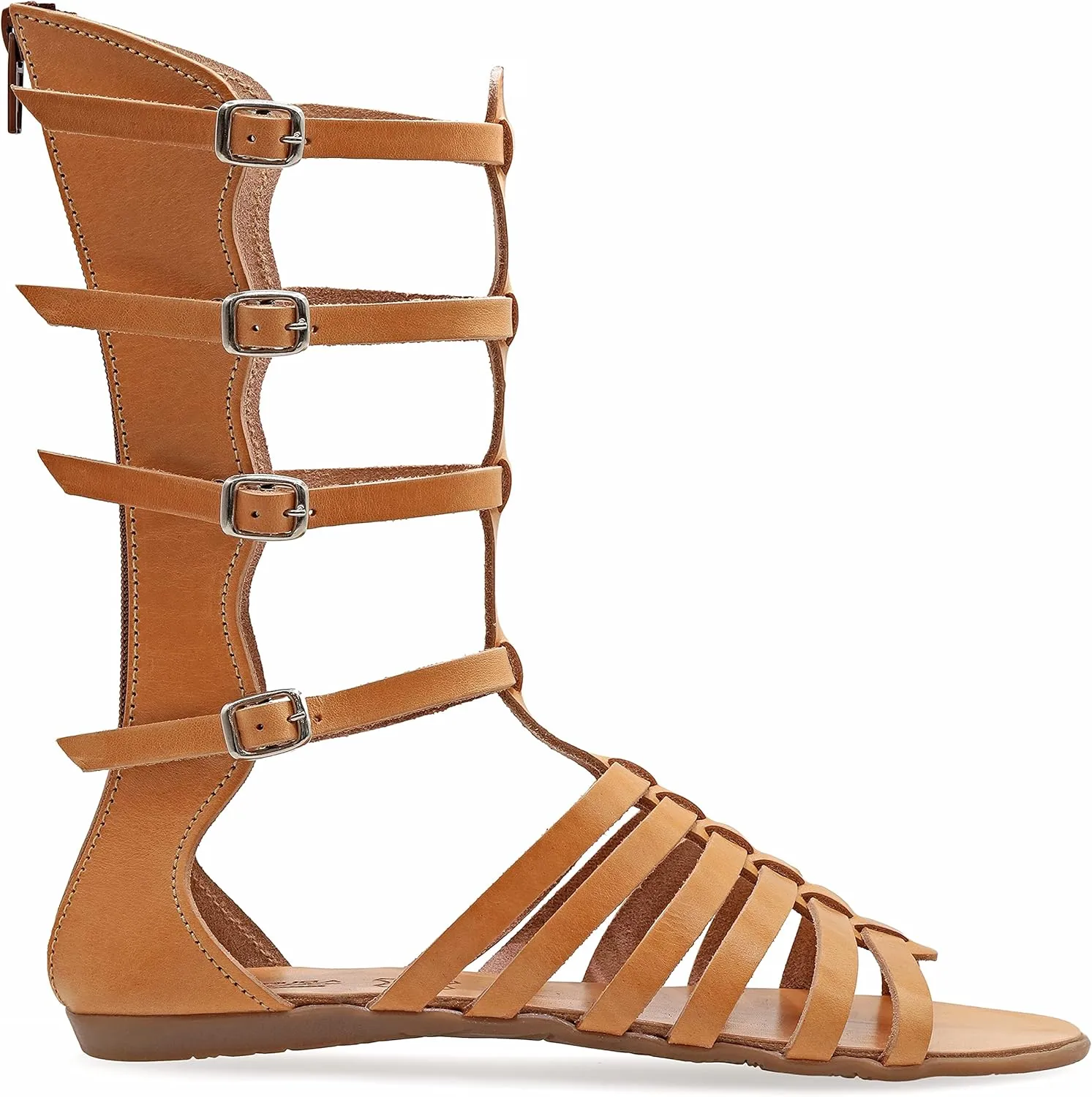 Emmanuela Ancient Greek Style Handmade Leather Gladiator Sandals, Quality Calf High Sandals with Rear Zipper at Shaft, Strappy Summer Flat Shoes for Women