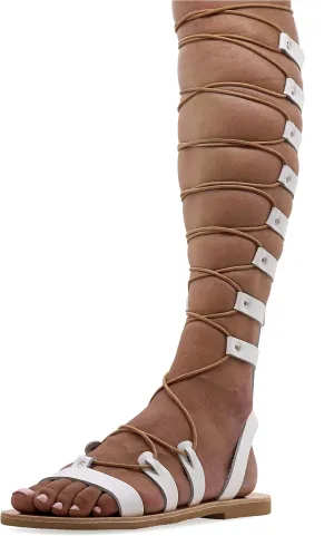 Emmanuela Ancient Greek Style Knee High Leather Sandals, Handmade Open Toe Flat Gladiator Sandals, Quality Tie up Strappy Summer Shoes for Women, Boho Chic Rose Gold Silver White Black