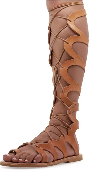 Emmanuela Ancient Greek Style Knee High Leather Sandals, Handmade Open Toe Flat Gladiator Sandals, Quality Tie up Strappy Summer Shoes for Women, Boho Chic Rose Gold Silver White Black
