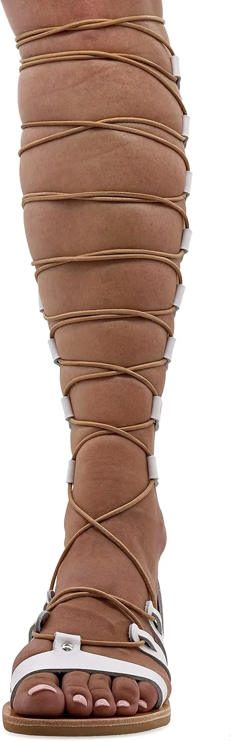 Emmanuela Ancient Greek Style Knee High Leather Sandals, Handmade Open Toe Flat Gladiator Sandals, Quality Tie up Strappy Summer Shoes for Women, Boho Chic Rose Gold Silver White Black