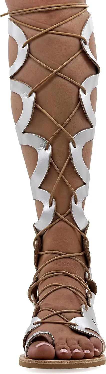Emmanuela Ancient Greek Style Knee High Leather Sandals, Handmade Open Toe Flat Gladiator Sandals, Quality Tie up Strappy Summer Shoes for Women, Boho Chic Rose Gold Silver White Black