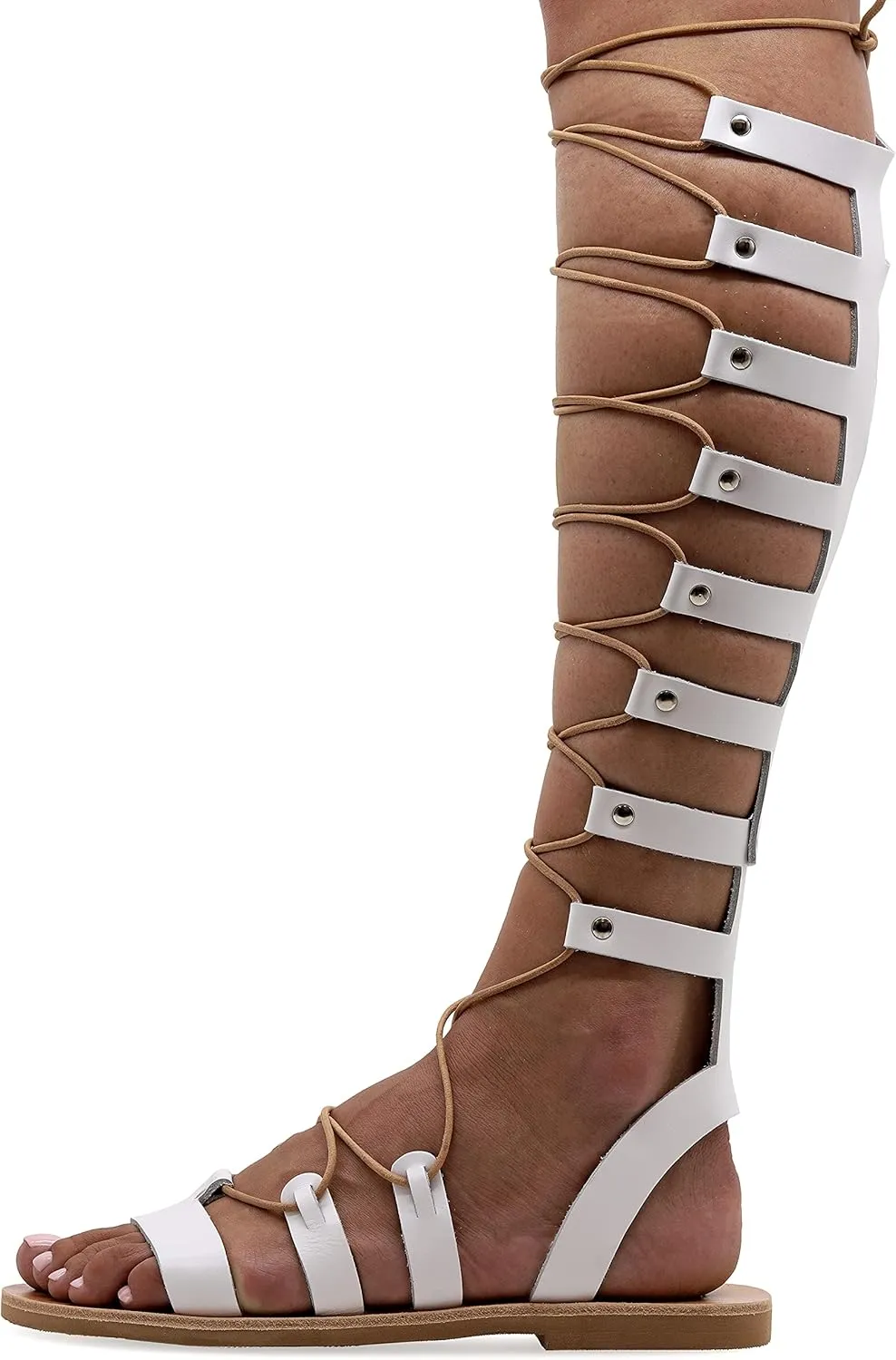 Emmanuela Ancient Greek Style Knee High Leather Sandals, Handmade Open Toe Flat Gladiator Sandals, Quality Tie up Strappy Summer Shoes for Women, Boho Chic Rose Gold Silver White Black