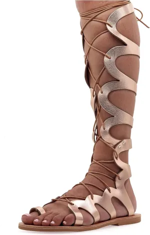 Emmanuela Ancient Greek Style Knee High Leather Sandals, Handmade Open Toe Flat Gladiator Sandals, Quality Tie up Strappy Summer Shoes for Women, Boho Chic Rose Gold Silver White Black