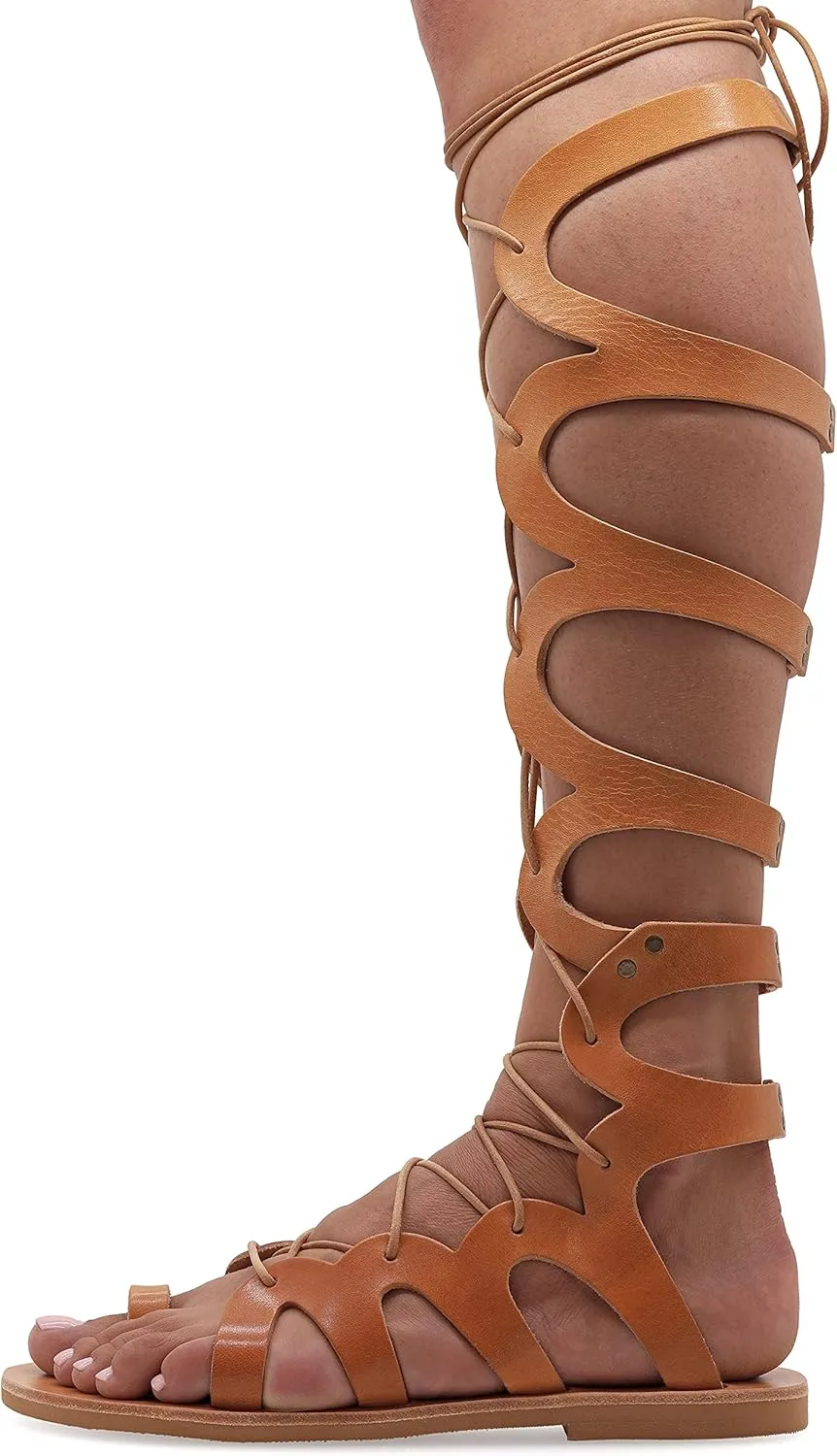 Emmanuela Ancient Greek Style Knee High Leather Sandals, Handmade Open Toe Flat Gladiator Sandals, Quality Tie up Strappy Summer Shoes for Women, Boho Chic Rose Gold Silver White Black