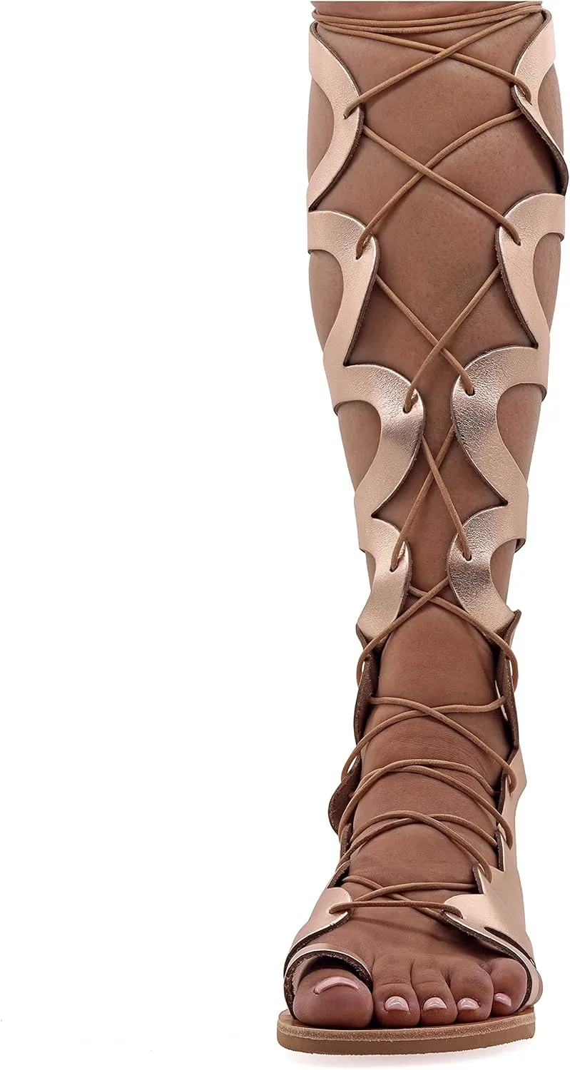 Emmanuela Ancient Greek Style Knee High Leather Sandals, Handmade Open Toe Flat Gladiator Sandals, Quality Tie up Strappy Summer Shoes for Women, Boho Chic Rose Gold Silver White Black