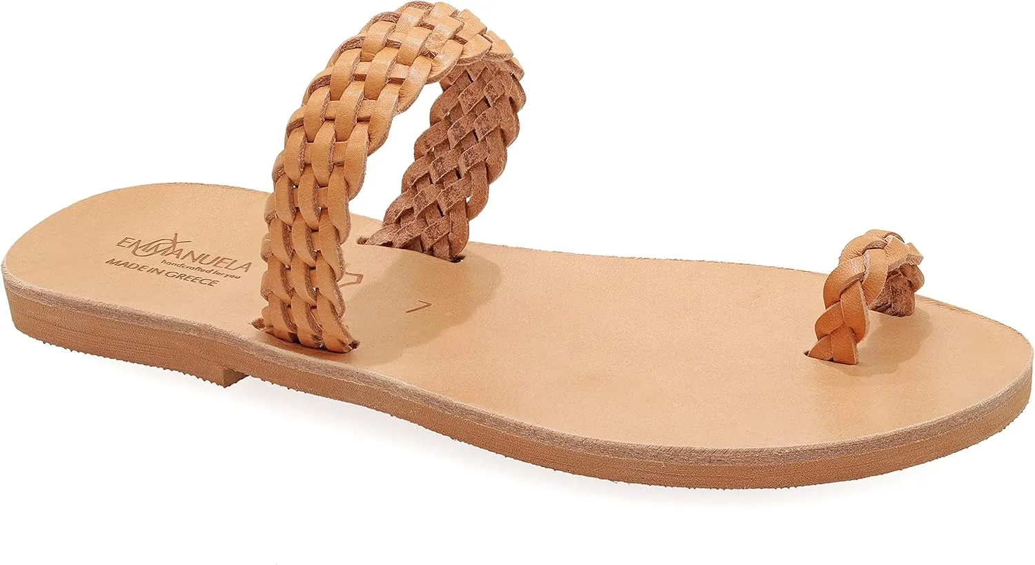 Emmanuela Ancient Greek Style Sandals, Handmade Braided Leather Toe Ring Flat Sandals, Quality Slide on Summer Shoes for Women, Boho Chic Slider Sandals