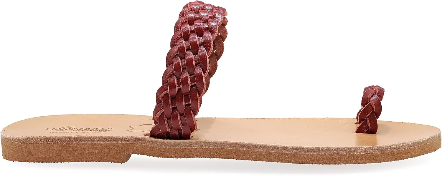 Emmanuela Ancient Greek Style Sandals, Handmade Braided Leather Toe Ring Flat Sandals, Quality Slide on Summer Shoes for Women, Boho Chic Slider Sandals