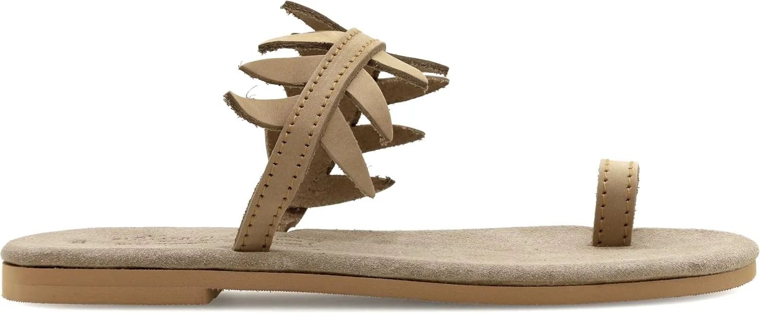 Emmanuela Comfortable Toe Ring Leather Sandals with Olive Leaves, Cushioned Insole Flat Slide on Dressy Summer Shoes for Women, Greek Quality Slide on Leather Sandals