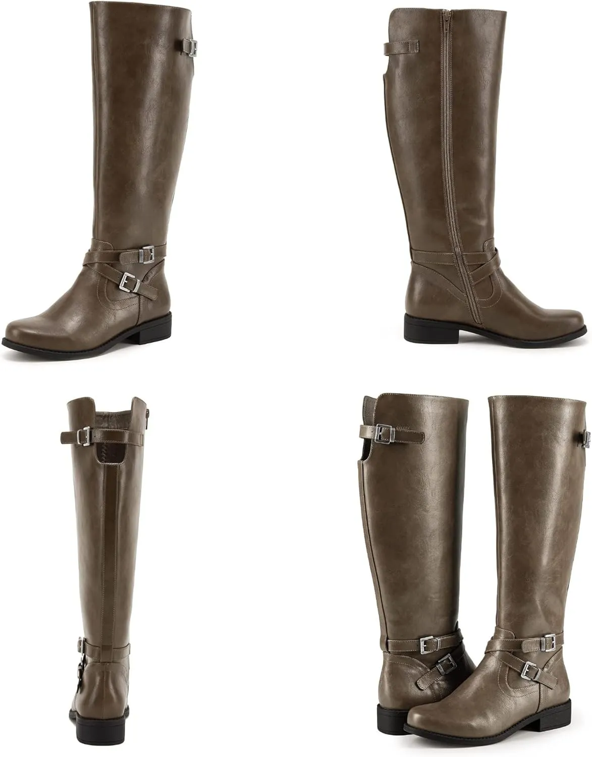 Ermonn Womens Knee High Boots Wide Calf Flat Low Heel Side Zipper Faux Leather Fashion Winter Riding Boot