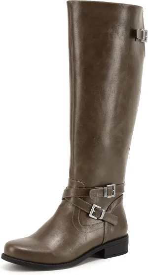 Ermonn Womens Knee High Boots Wide Calf Flat Low Heel Side Zipper Faux Leather Fashion Winter Riding Boot