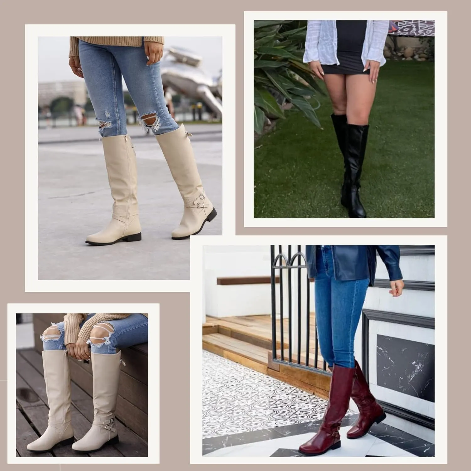 Ermonn Womens Knee High Boots Wide Calf Flat Low Heel Side Zipper Faux Leather Fashion Winter Riding Boot
