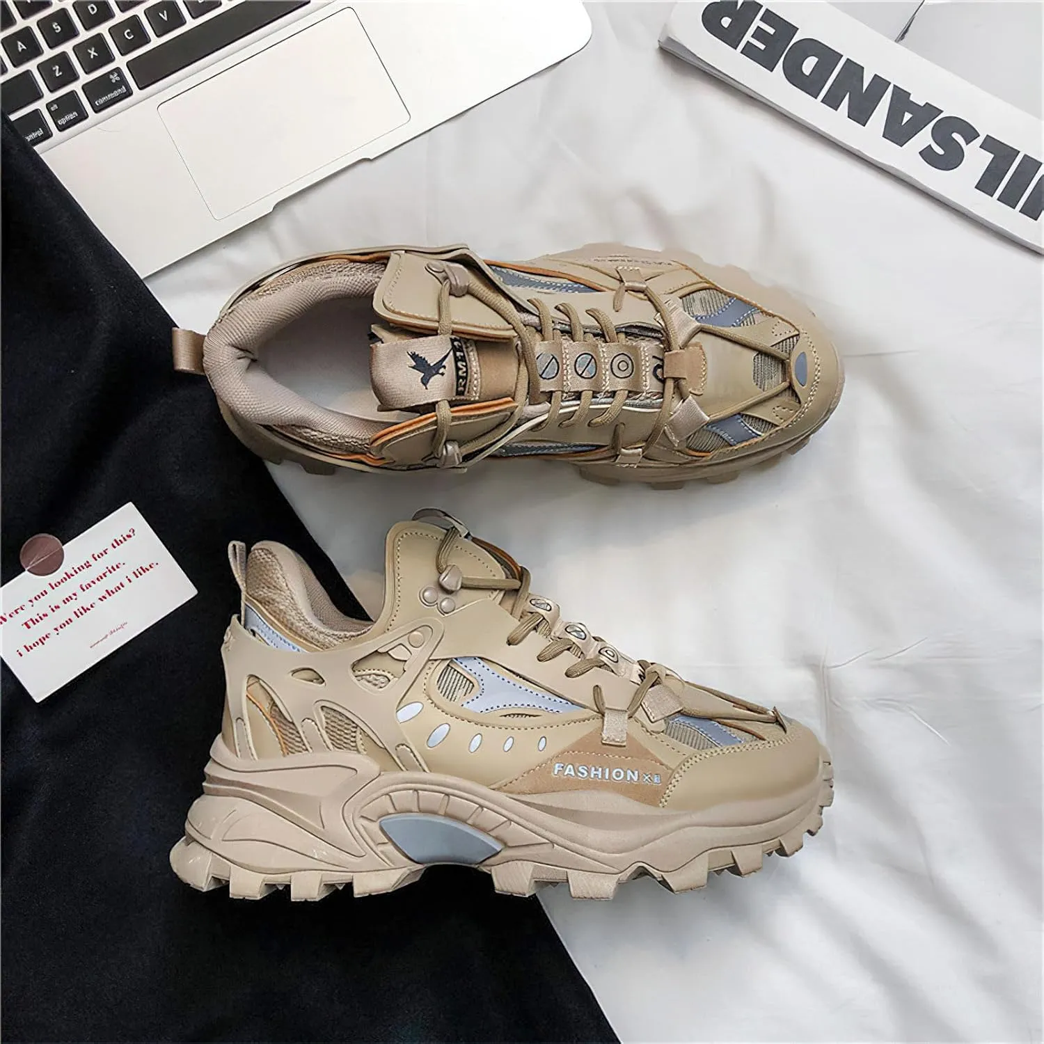 Exusiai Men's Chunky Sole Sneakers Stylish Lace-Up Dad Shoes Platform Athletic Breathable Walking Running Shoes for Comfort & Durability