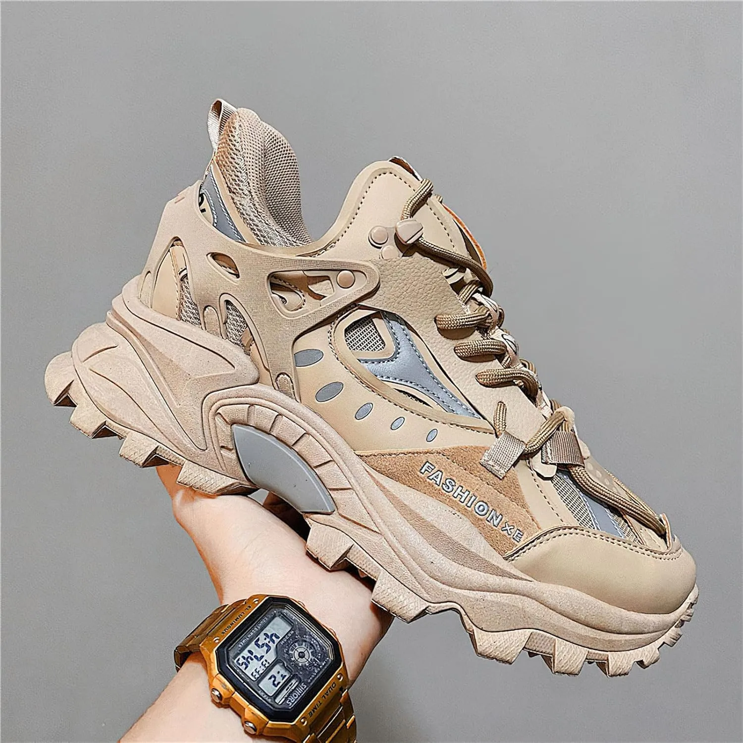 Exusiai Men's Chunky Sole Sneakers Stylish Lace-Up Dad Shoes Platform Athletic Breathable Walking Running Shoes for Comfort & Durability