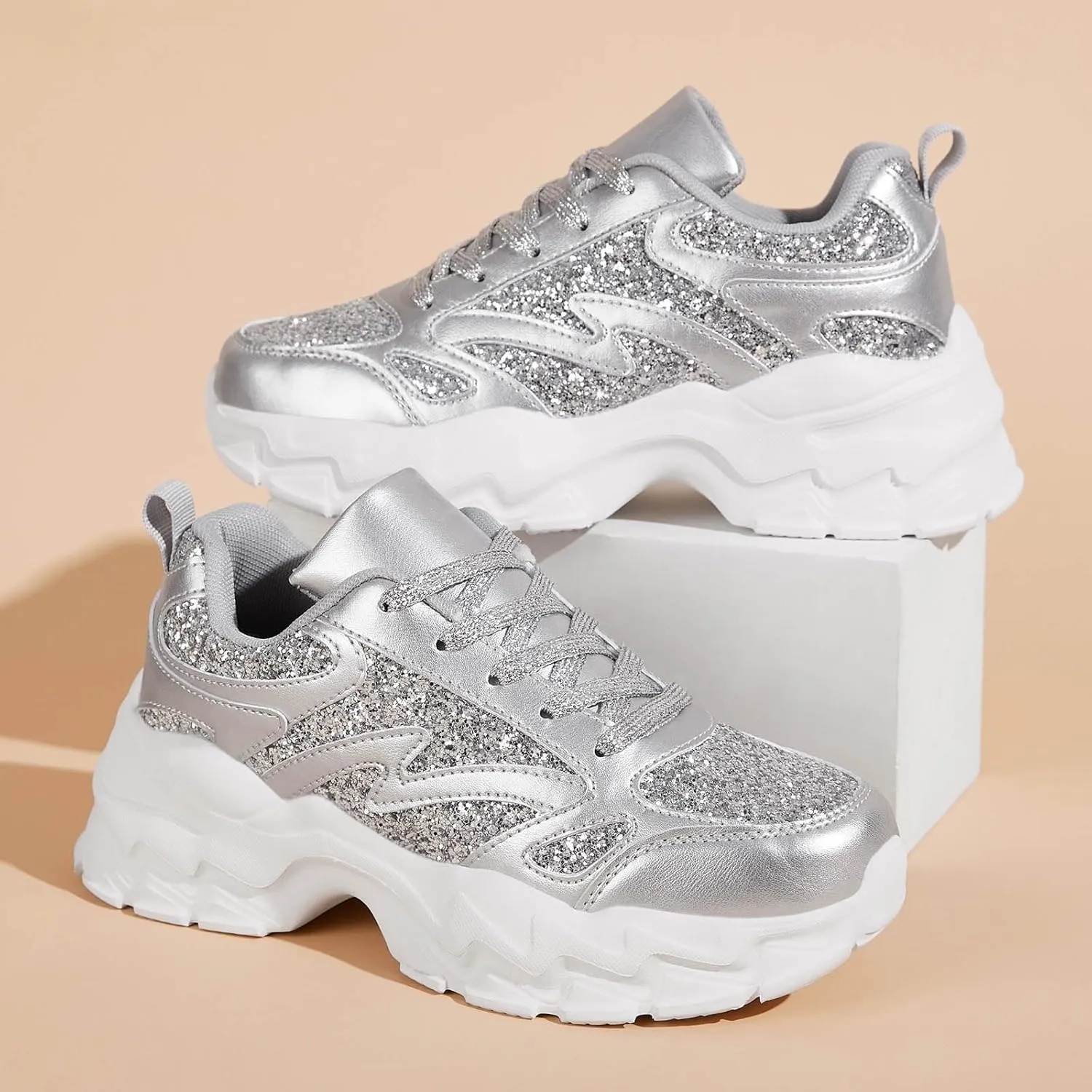FANVOSSEM Chunky Platform Sneakers for Women，Women's Comfy Sparkly Dad Shoes Lace-Up Casual Walking & Sport Work Sneaker