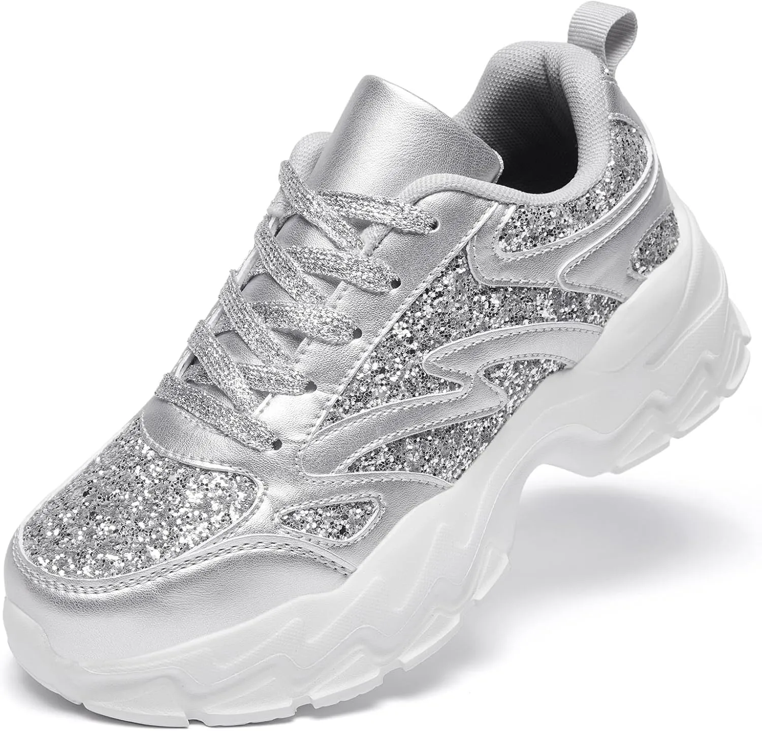 FANVOSSEM Chunky Platform Sneakers for Women，Women's Comfy Sparkly Dad Shoes Lace-Up Casual Walking & Sport Work Sneaker