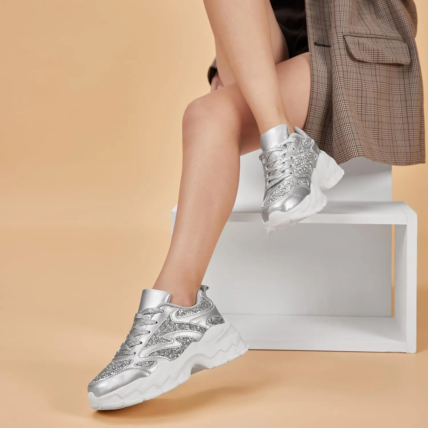 FANVOSSEM Chunky Platform Sneakers for Women，Women's Comfy Sparkly Dad Shoes Lace-Up Casual Walking & Sport Work Sneaker