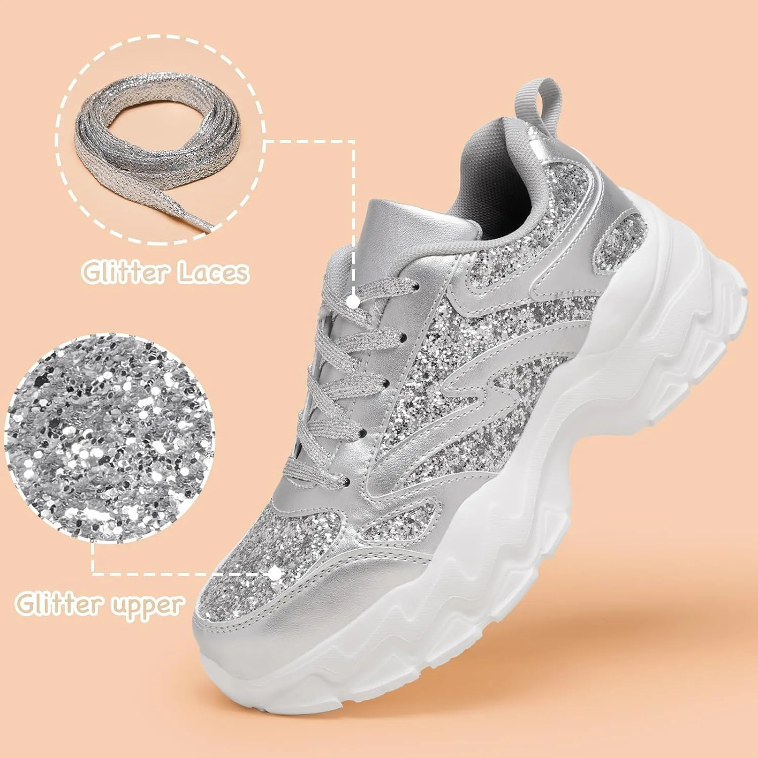 FANVOSSEM Chunky Platform Sneakers for Women，Women's Comfy Sparkly Dad Shoes Lace-Up Casual Walking & Sport Work Sneaker