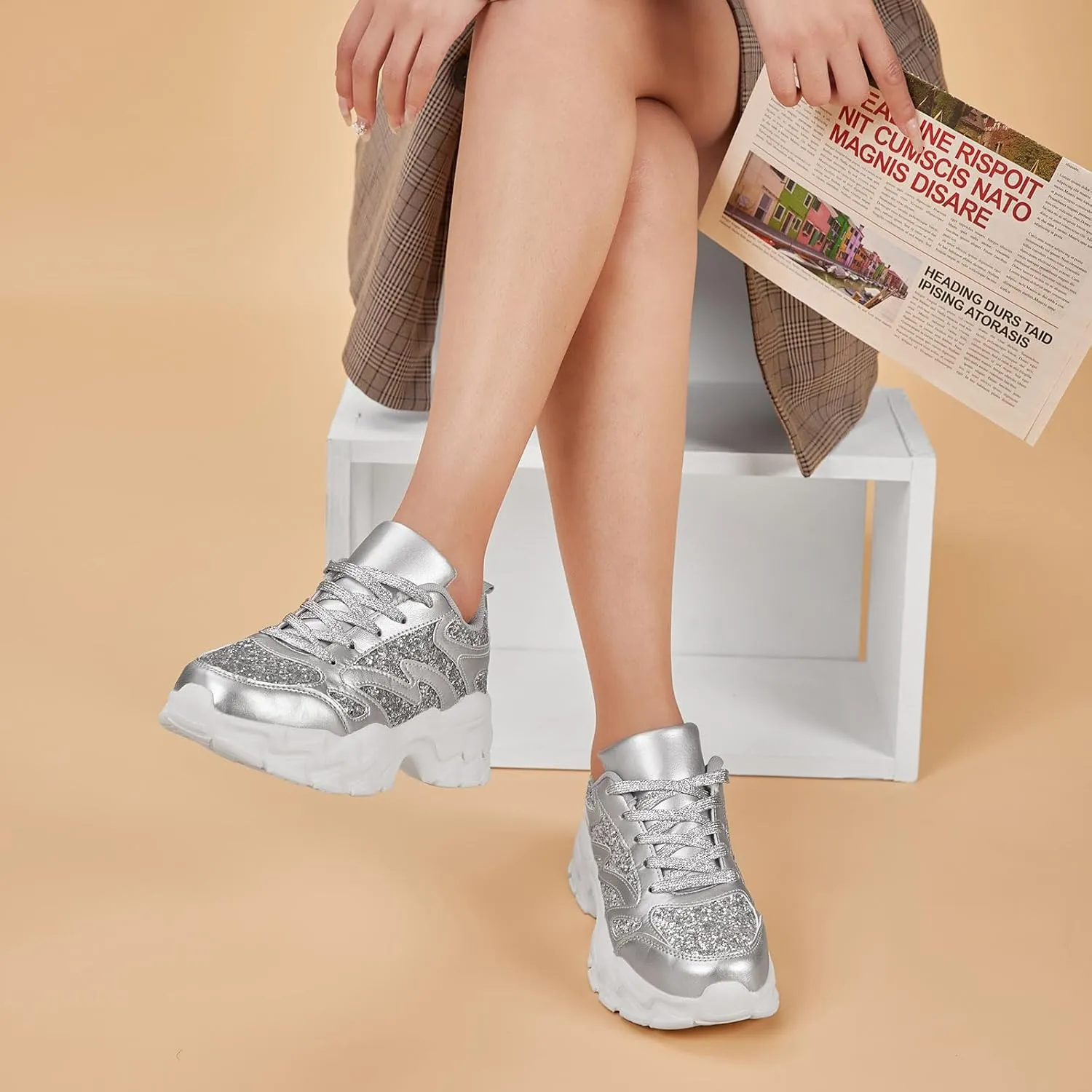 FANVOSSEM Chunky Platform Sneakers for Women，Women's Comfy Sparkly Dad Shoes Lace-Up Casual Walking & Sport Work Sneaker