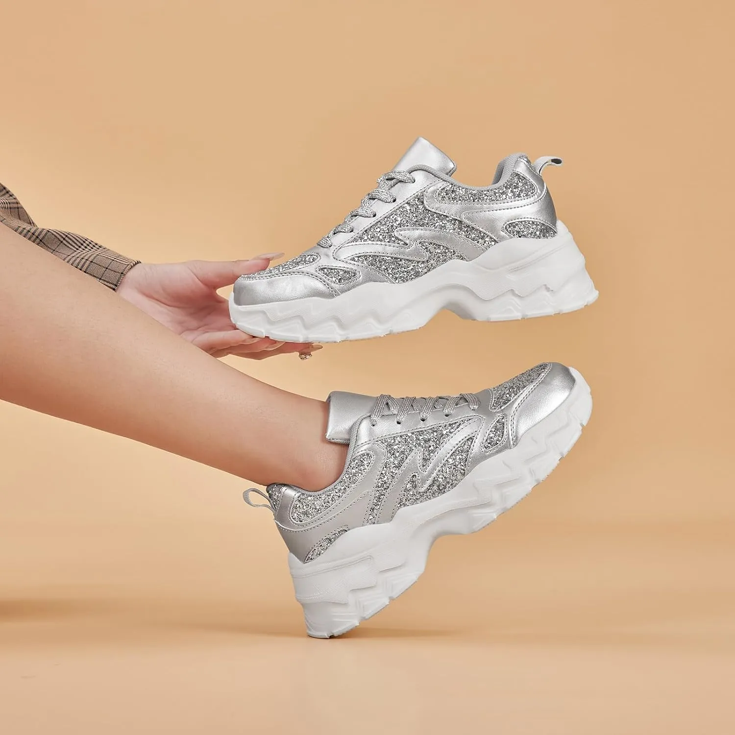 FANVOSSEM Chunky Platform Sneakers for Women，Women's Comfy Sparkly Dad Shoes Lace-Up Casual Walking & Sport Work Sneaker
