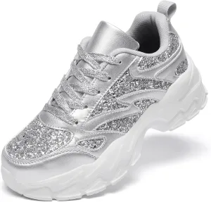 FANVOSSEM Chunky Platform Sneakers for Women，Women's Comfy Sparkly Dad Shoes Lace-Up Casual Walking & Sport Work Sneaker