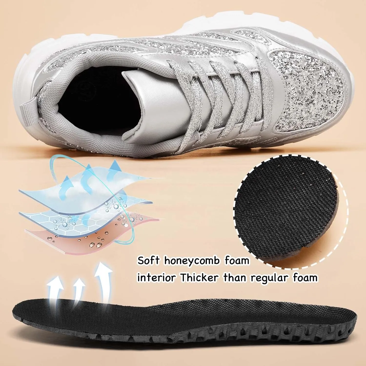 FANVOSSEM Chunky Platform Sneakers for Women，Women's Comfy Sparkly Dad Shoes Lace-Up Casual Walking & Sport Work Sneaker