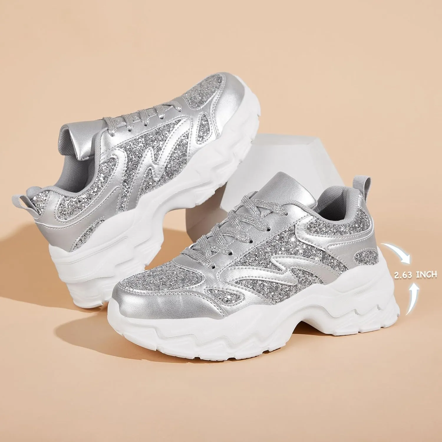 FANVOSSEM Chunky Platform Sneakers for Women，Women's Comfy Sparkly Dad Shoes Lace-Up Casual Walking & Sport Work Sneaker