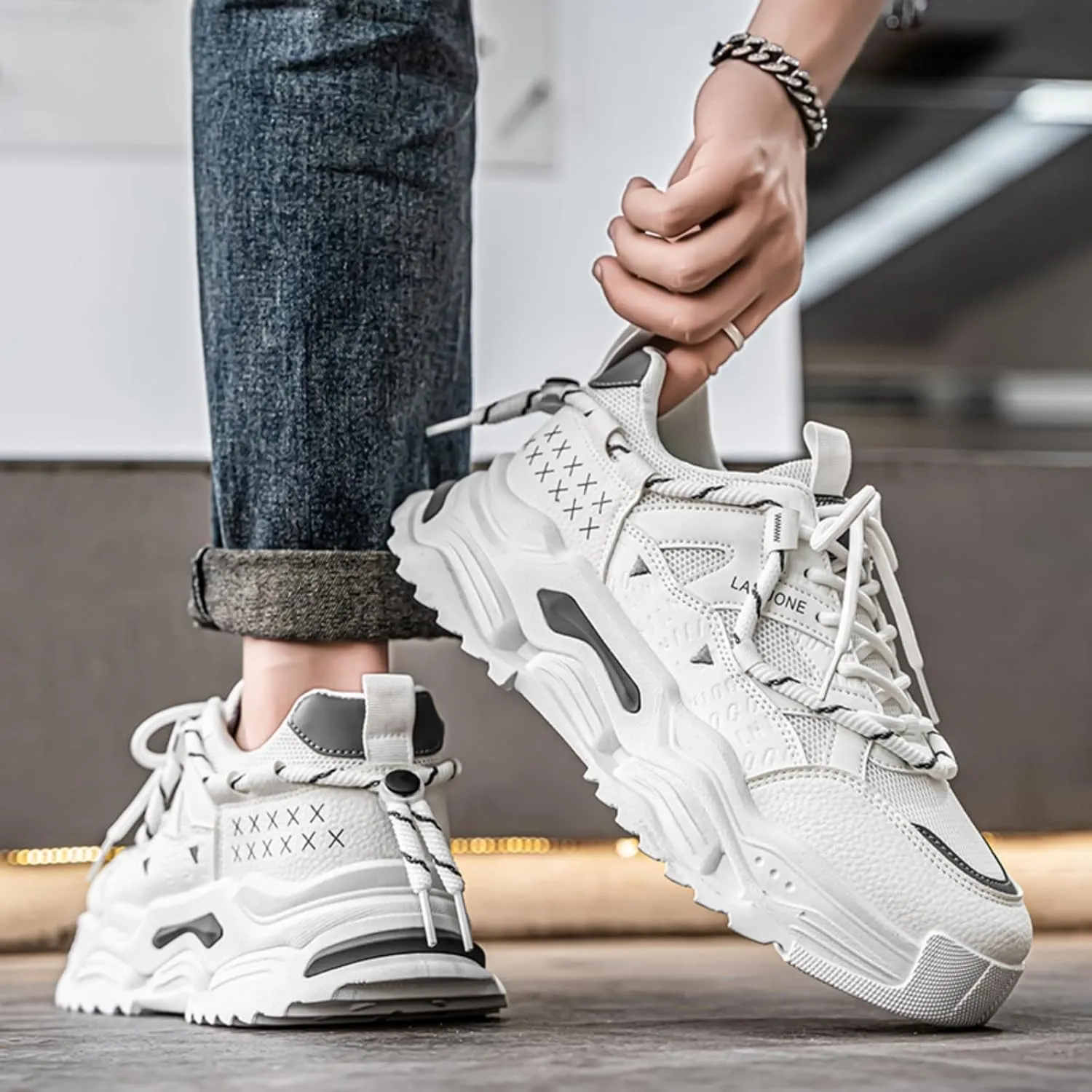 Fashion Breathable Mesh Lace Up Platform Sneakers for Men Casual Non Slip Jogging Walking Sport Gym Driving Shoes