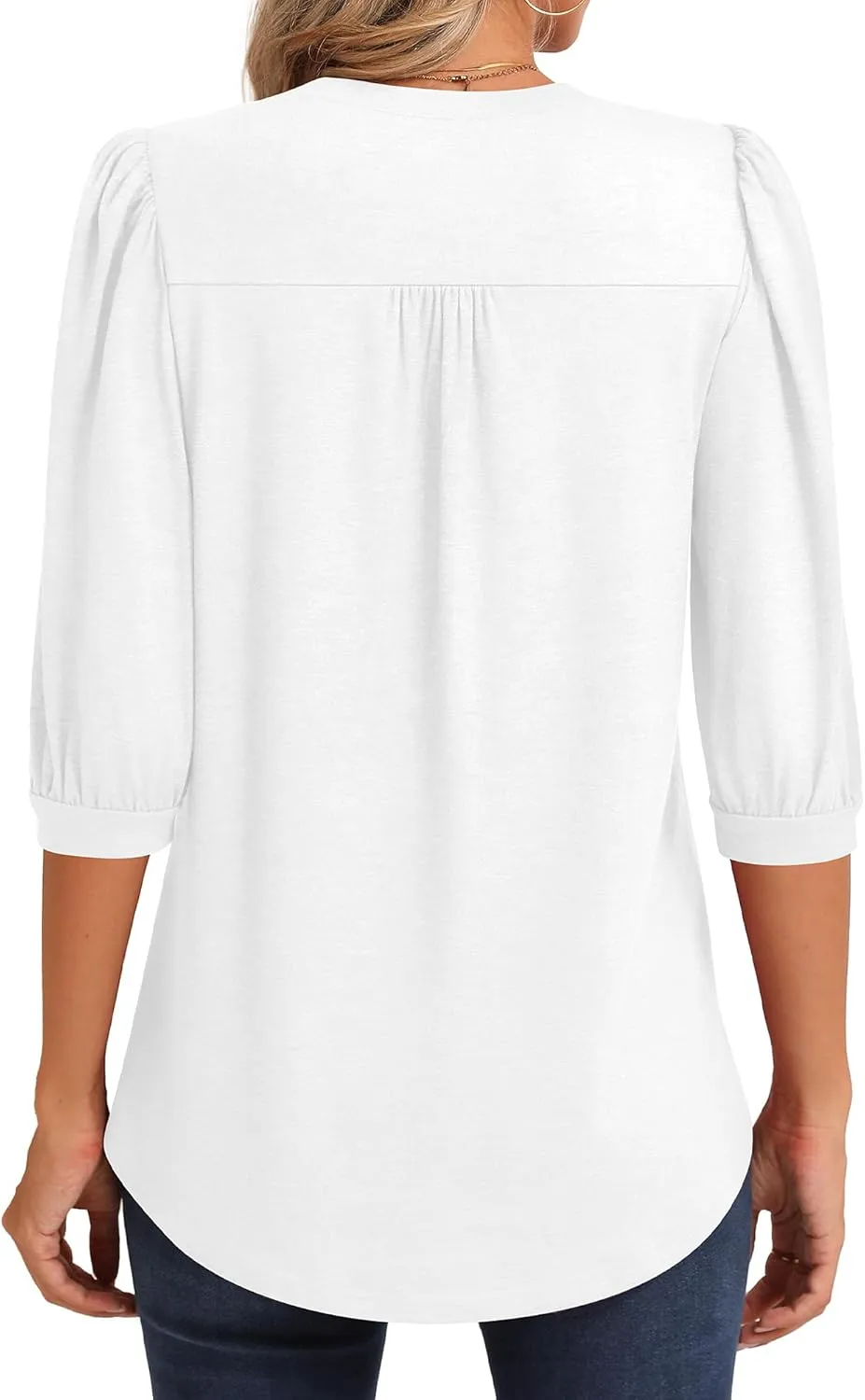 Ficerd Womens Puff 3/4 Sleeve Tunic Tops Crew Neck Floral Pleated Blouses Dressy Casual Loose Fit Shirts