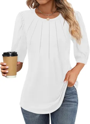 Ficerd Womens Puff 3/4 Sleeve Tunic Tops Crew Neck Floral Pleated Blouses Dressy Casual Loose Fit Shirts