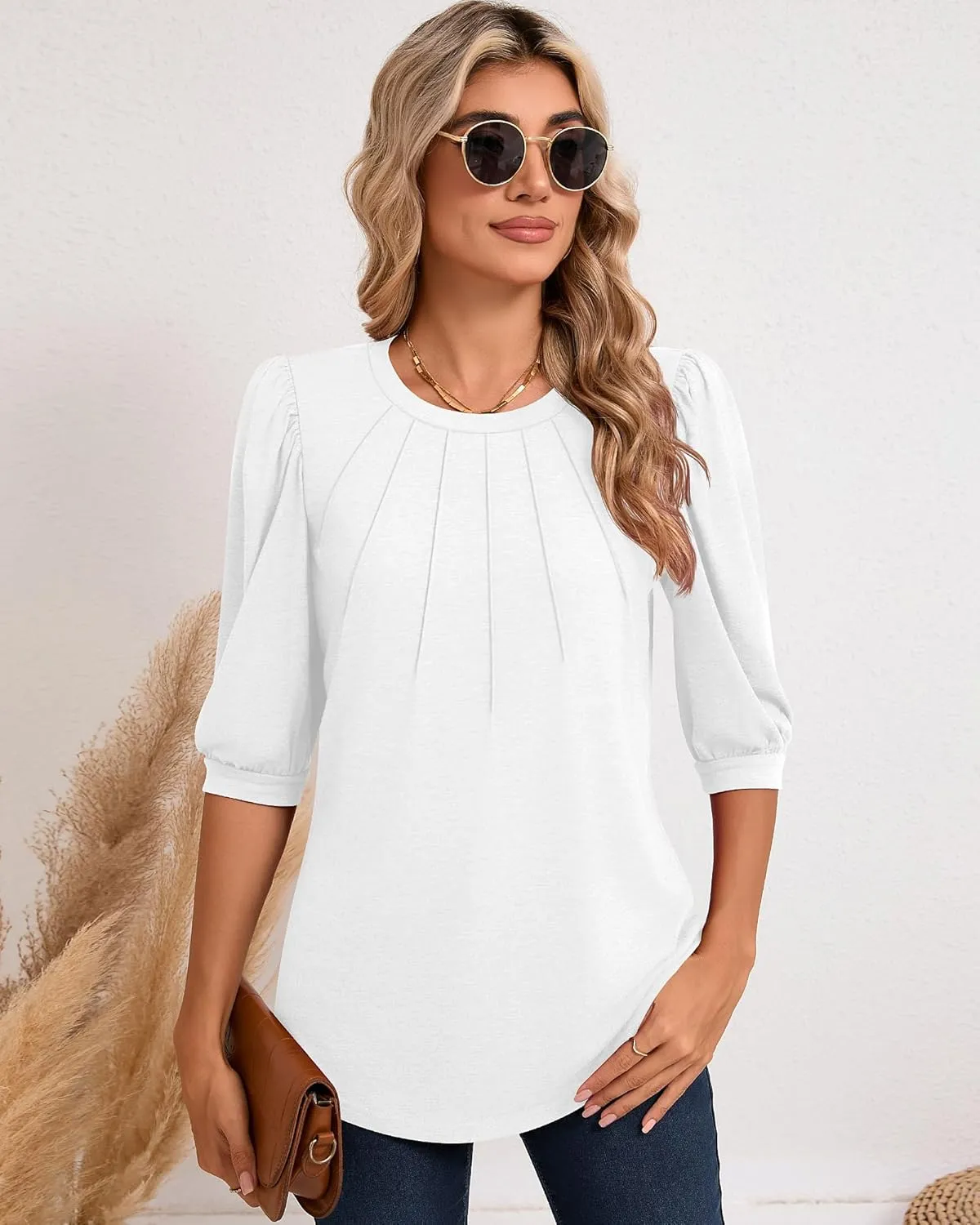 Ficerd Womens Puff 3/4 Sleeve Tunic Tops Crew Neck Floral Pleated Blouses Dressy Casual Loose Fit Shirts