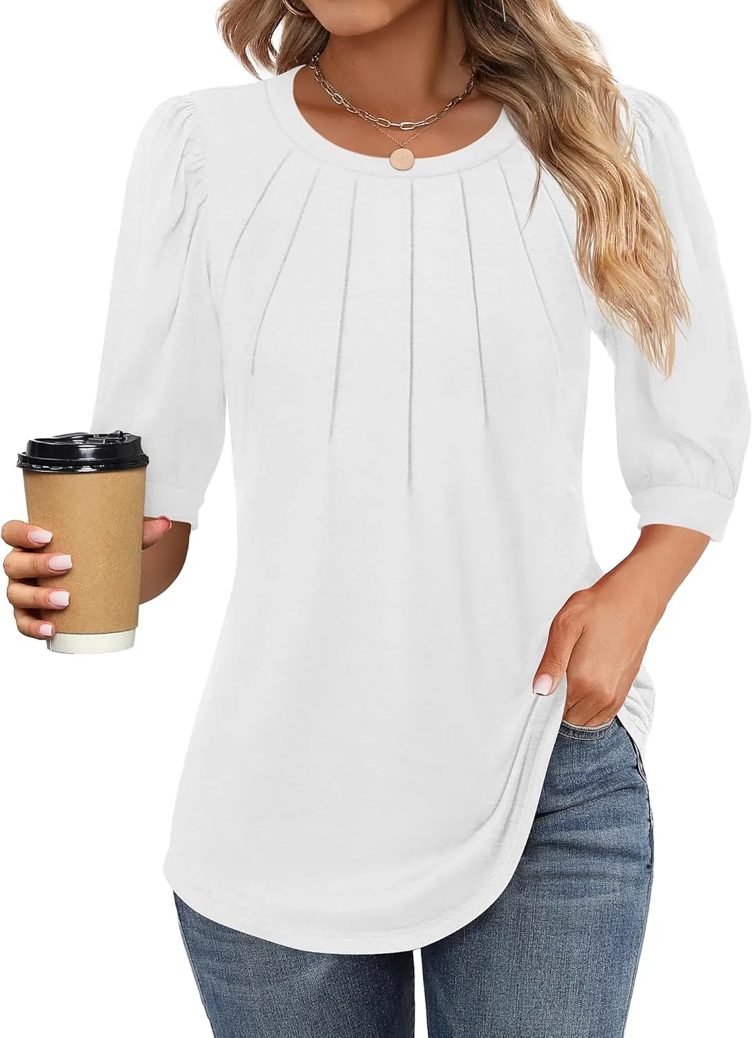 Ficerd Womens Puff 3/4 Sleeve Tunic Tops Crew Neck Floral Pleated Blouses Dressy Casual Loose Fit Shirts