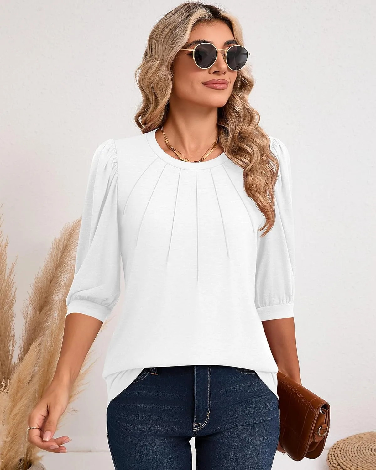 Ficerd Womens Puff 3/4 Sleeve Tunic Tops Crew Neck Floral Pleated Blouses Dressy Casual Loose Fit Shirts