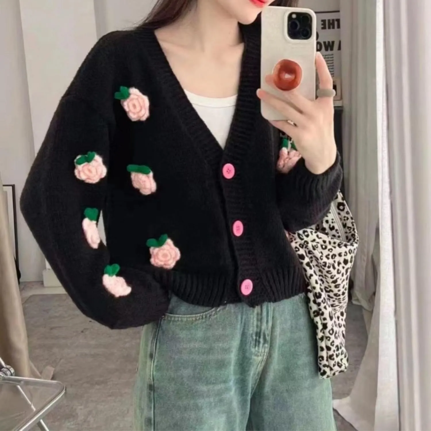 FindThy Women’s Kawaii 3D Floral Cardigan Sweater V-Neck Long Sleeve Button Down Knit Outerwear