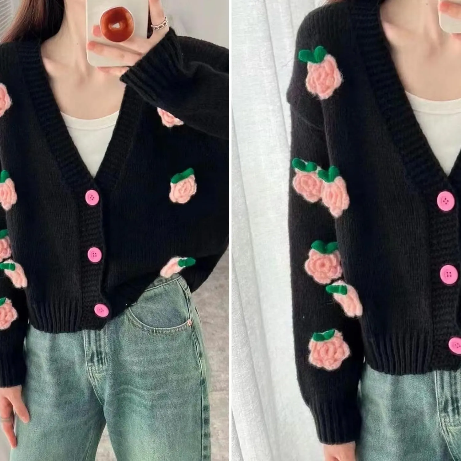 FindThy Women’s Kawaii 3D Floral Cardigan Sweater V-Neck Long Sleeve Button Down Knit Outerwear