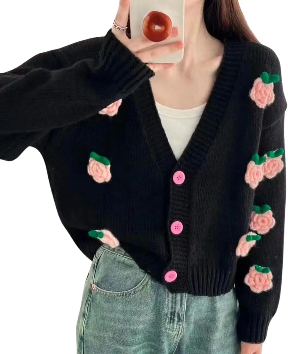 FindThy Women’s Kawaii 3D Floral Cardigan Sweater V-Neck Long Sleeve Button Down Knit Outerwear