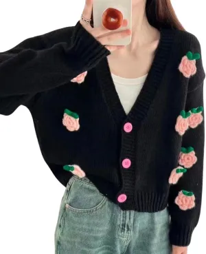 FindThy Women’s Kawaii 3D Floral Cardigan Sweater V-Neck Long Sleeve Button Down Knit Outerwear