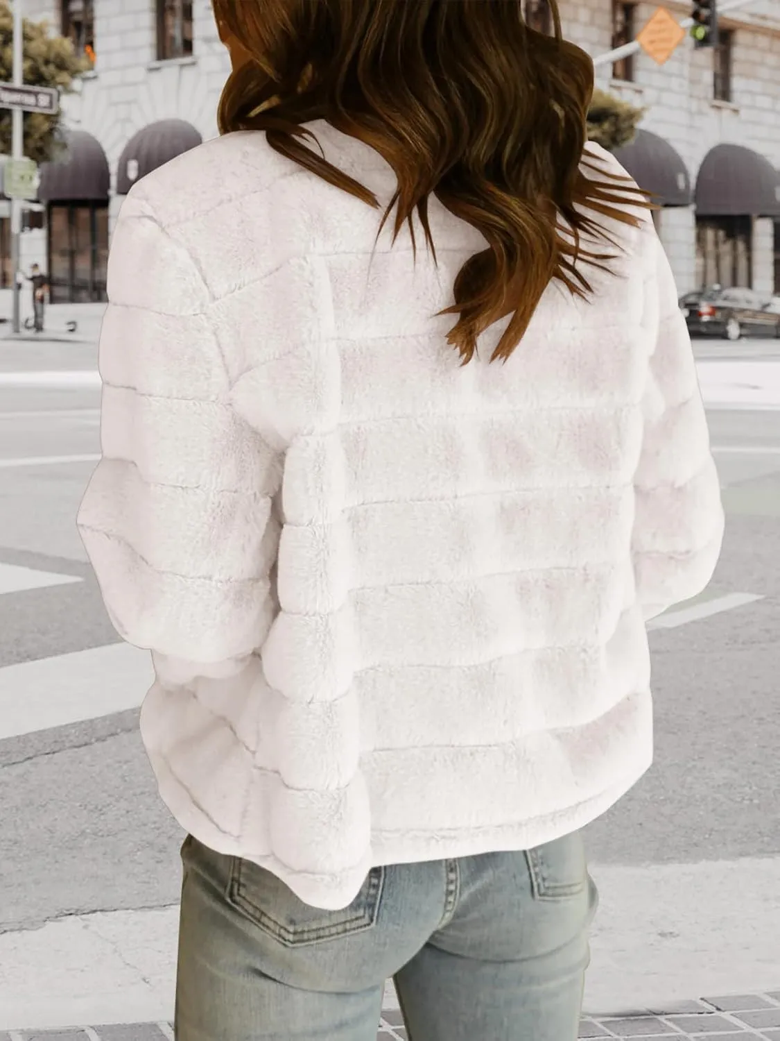 Fisoew Womens Cropped Faux Fur Jackets Long Sleeve Open Front Fluffy Short Coats
