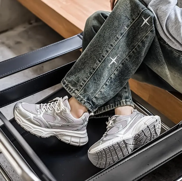 Floette Men's Silver Fashion Sneakers Dad Shoes Walking Casual Athletic Chunky Platform Sneakers