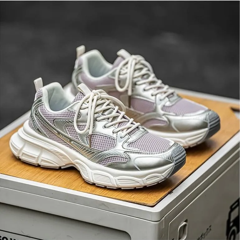 Floette Men's Silver Fashion Sneakers Dad Shoes Walking Casual Athletic Chunky Platform Sneakers