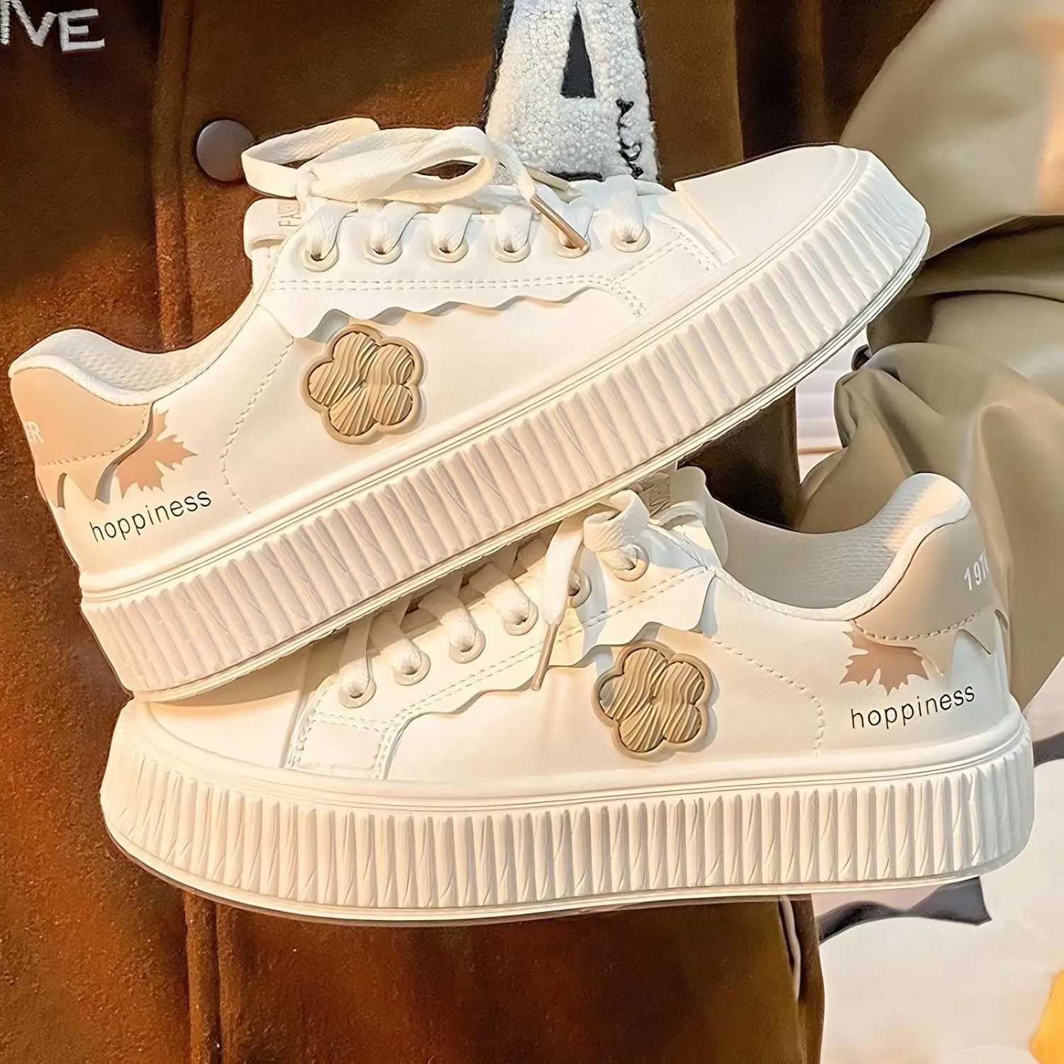 Floral Decor Platform Shoes Fashion Chunky Sneakers for Women Trendy Casual Aesthetic White Shoes Low Top