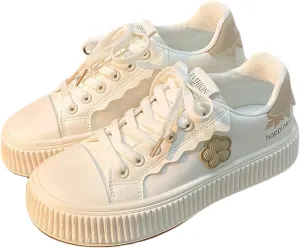 Floral Decor Platform Shoes Fashion Chunky Sneakers for Women Trendy Casual Aesthetic White Shoes Low Top
