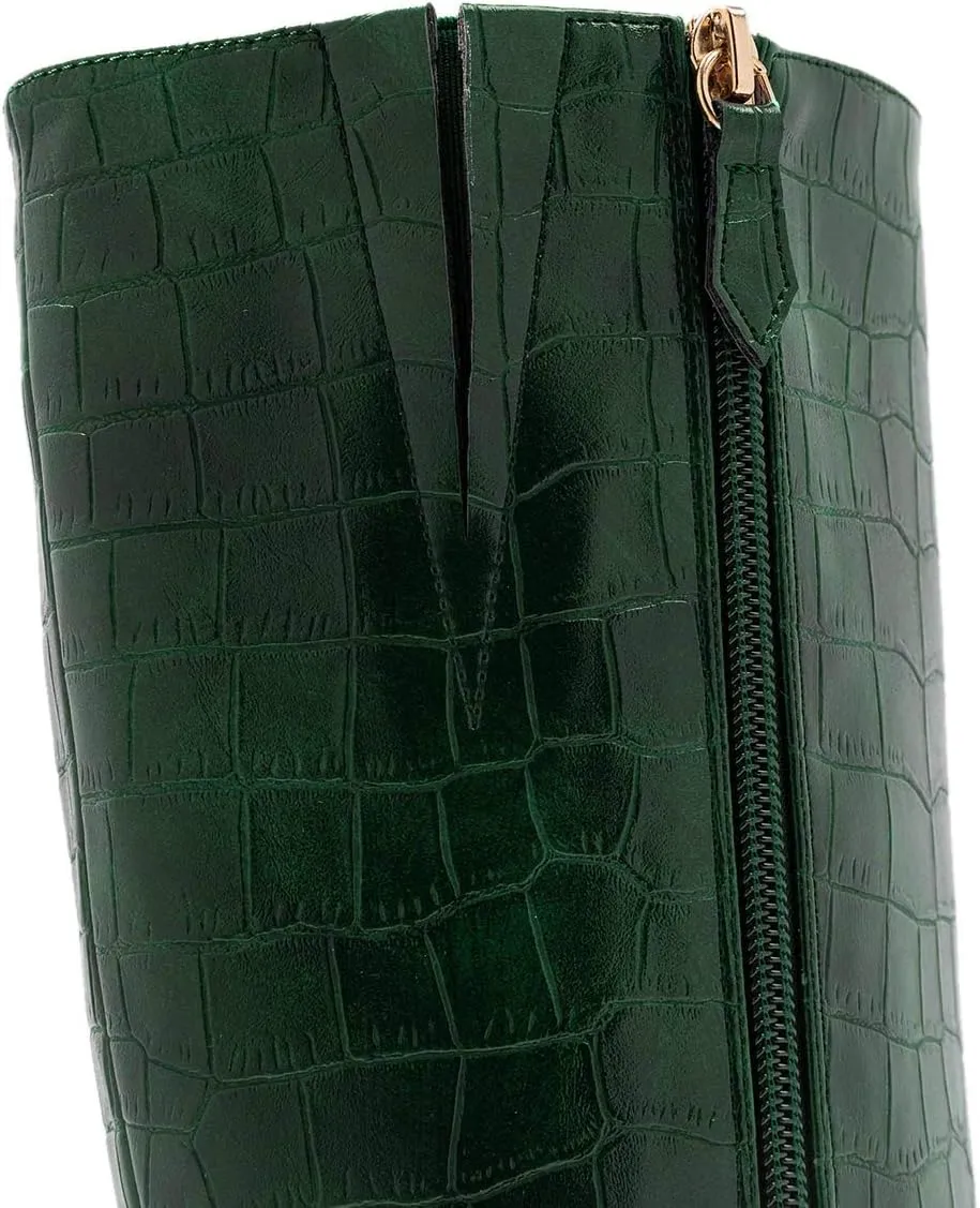 FOWT Women Croc-Embossed Mid Calf Boots Round Toe High Stiletto Heel Long Boots Sexy Side Zipper Unisex Warm Shoes for Office Outdoor Party 4-16 US Size