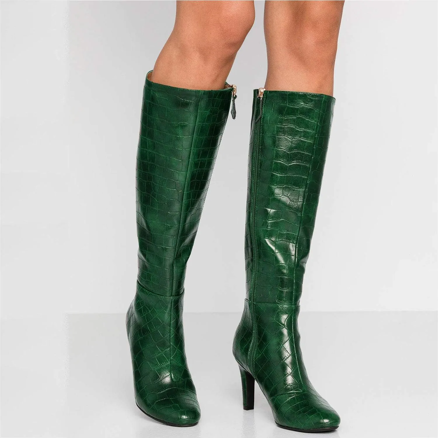 FOWT Women Croc-Embossed Mid Calf Boots Round Toe High Stiletto Heel Long Boots Sexy Side Zipper Unisex Warm Shoes for Office Outdoor Party 4-16 US Size