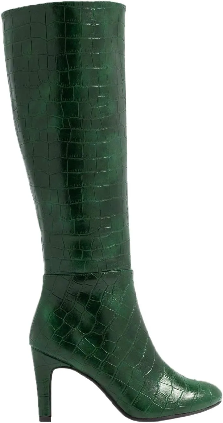 FOWT Women Croc-Embossed Mid Calf Boots Round Toe High Stiletto Heel Long Boots Sexy Side Zipper Unisex Warm Shoes for Office Outdoor Party 4-16 US Size